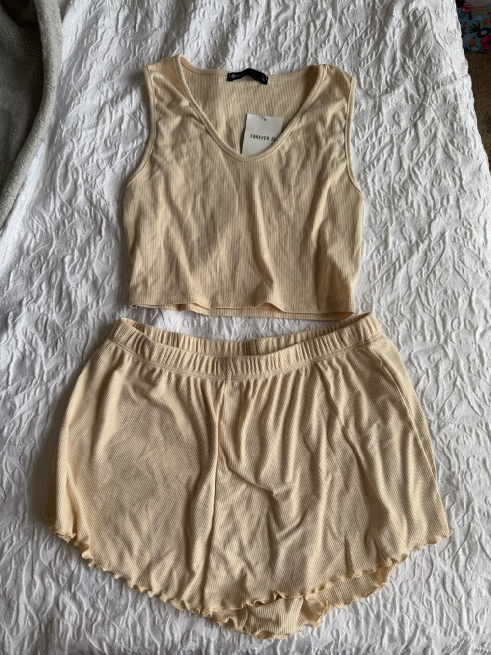Forever 21 Ivory Ribbed Lounge Tank & Shorts Set